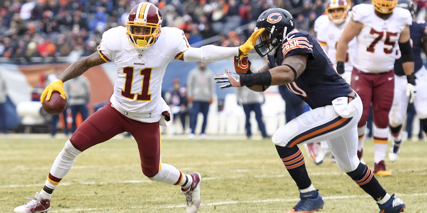 CHICAGO, IL - DECEMBER 24:  Washington Redskins wide receiver DeSean Jackson (11) fends off Chicago Bears inside linebacker Jerrell Freeman (50) during second at Soldier Field in Chicago, Il on December 24, 2016. (Photo by Jonathan Newton/The Washington Post via Getty Images)