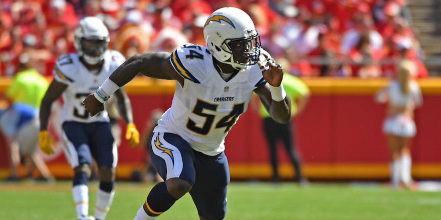 KANSAS CITY, MO - SEPTEMBER 11: Linebacker Melvin Ingram #54 of the San Diego Chargers rushes on defense against of the Kansas City Chiefs during the second half on September 11, 2016 at Arrowhead Stadium in Kansas City, Missouri. (Photo by Peter G. Aiken/Getty Images)