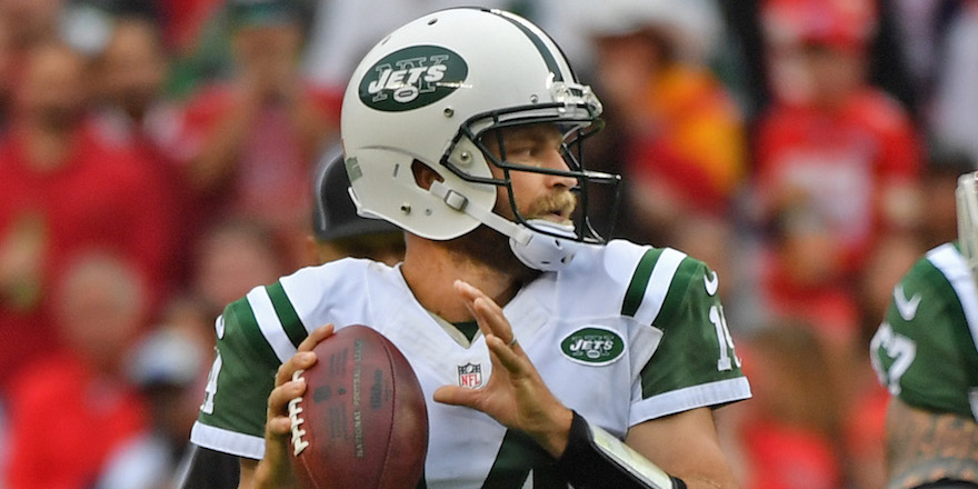 KANSAS CITY, MO - SEPTEMBER 25: Quarterback Ryan Fitzpatrick #14 of the New York Jets drops back to pass against the Kansas City Chiefs during the second half on September 25, 2016 at Arrowhead Stadium in Kansas City, Missouri. (Photo by Peter G. Aiken/Getty Images)