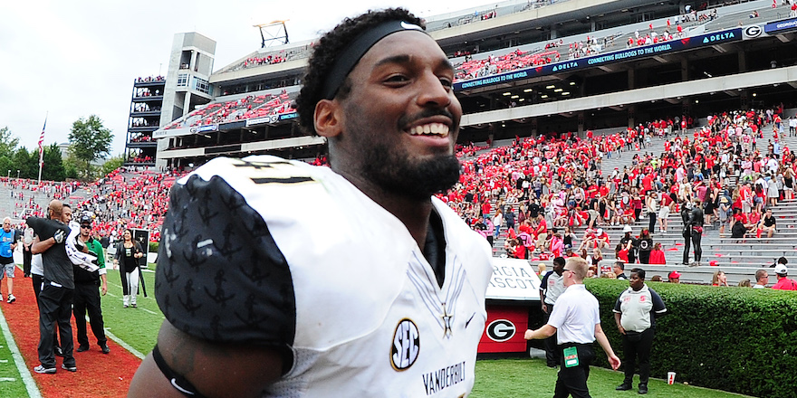 ATHENS, GA - OCTOBER 15: Zach Cunningham #41 of the Vanderbilt Commodores celebrates after the game against the Georgia Bulldogs at Sanford Stadium on October 15, 2016 in Athens, Georgia. (Photo by Scott Cunningham/Getty Images)