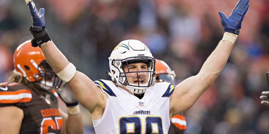 CLEVELAND, OH - DECEMBER 24:  Joey Bosa #99 of the San Diego Chargers celebrates after a big play during a game against the…