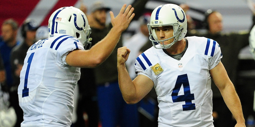 ATLANTA, GA - NOVEMBER 22: Adam Vinatieri #4 celebrates with Pat McAfee #1 of the Indianapolis Colts after kicking the game winning field goal during the second half against the Atlanta Falcons at the Georgia Dome on November 22, 2015 in Atlanta, Georgia. (Photo by Scott Cunningham/Getty Images)