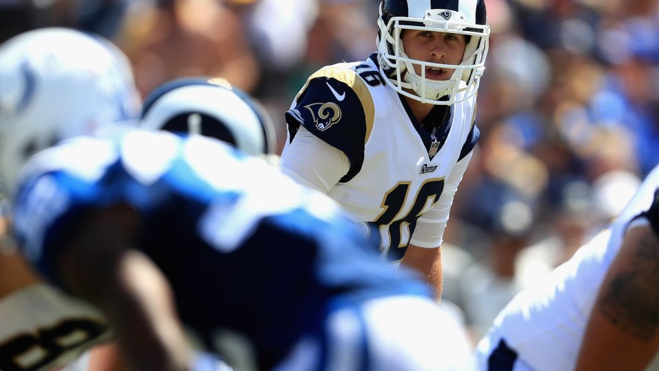 INDIANAPOLIS, IN - SEPTEMBER 19: A Los Angeles Rams helmet sits on