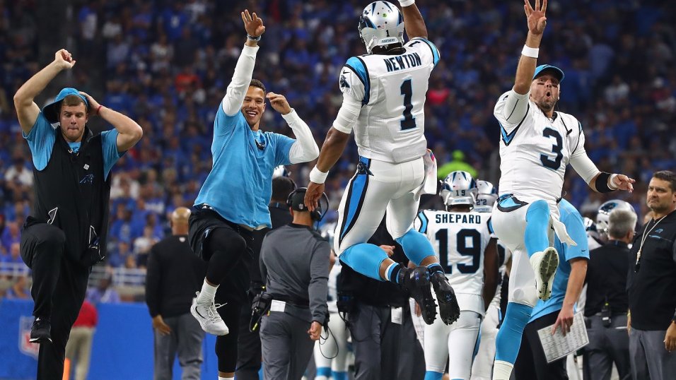 Carolina Panthers wide receiver Devin Funchess celebrates a first