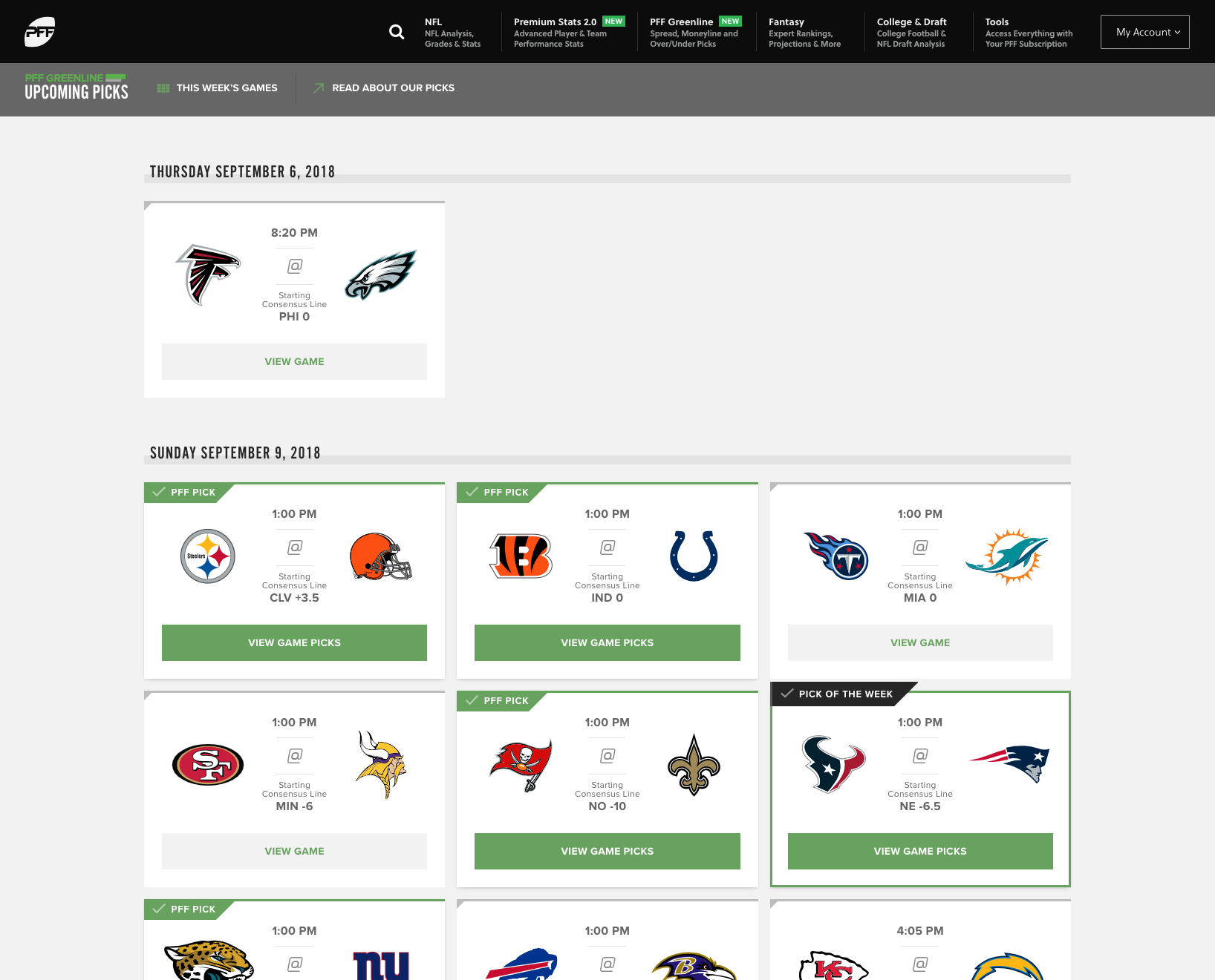 pff greenline game picks