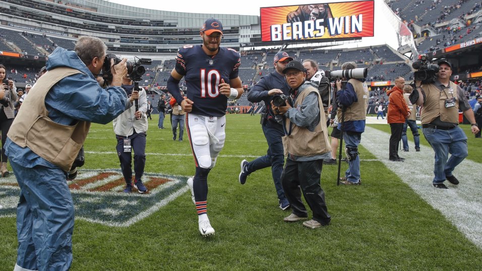 Chicago Bears quarterback Mitch Trubisky (10) celebrates with fans