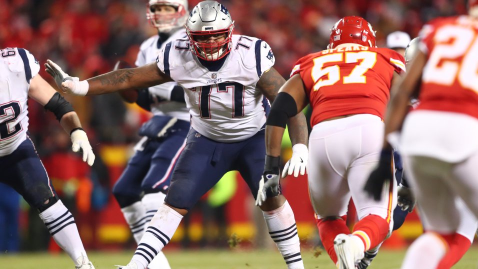 New England Patriots offensive lineman Trent Brown (77) jogs on to