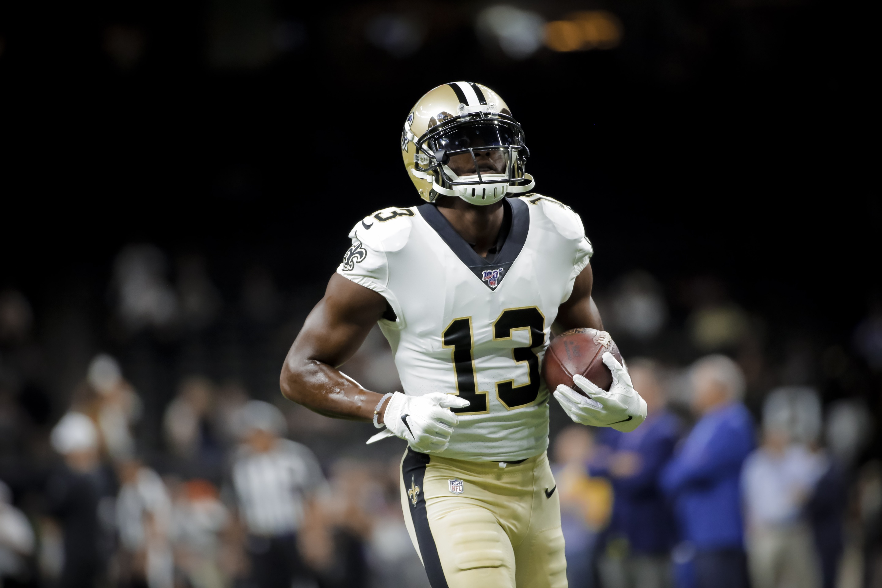 New Orleans, USA. August 13, 2023: Saints wide receiver Michael Thomas (13)  makes a catch during NFL pre-season game action between the New Orleans  Saints and the Kansas City Chiefs at the