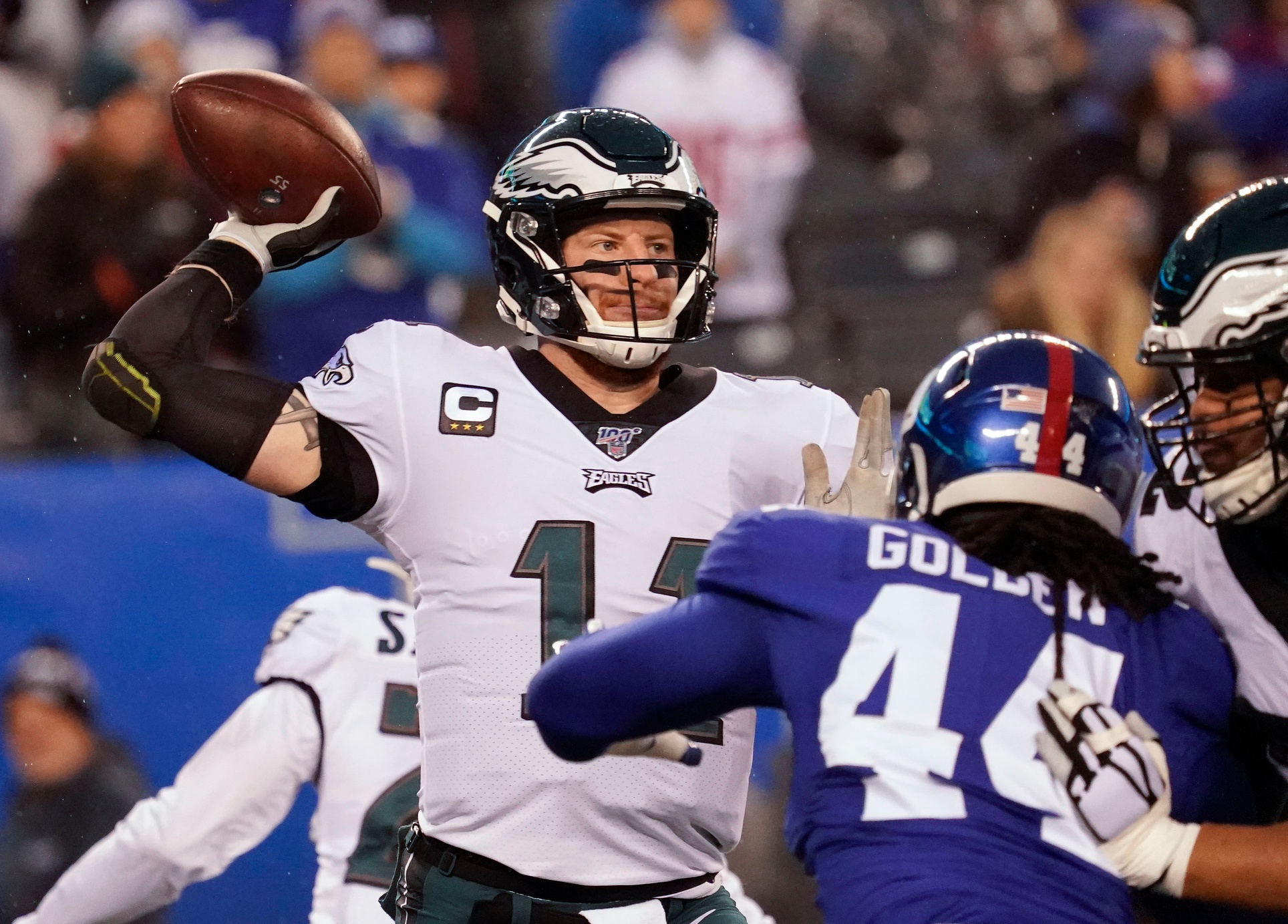 Oct 8, 2017; Philadelphia, PA, USA; Philadelphia Eagles quarterback Carson  Wentz (11) looks to pass in the second quarter against the Arizona  Cardinals at Lincoln Financial Field. Mandatory Credit …