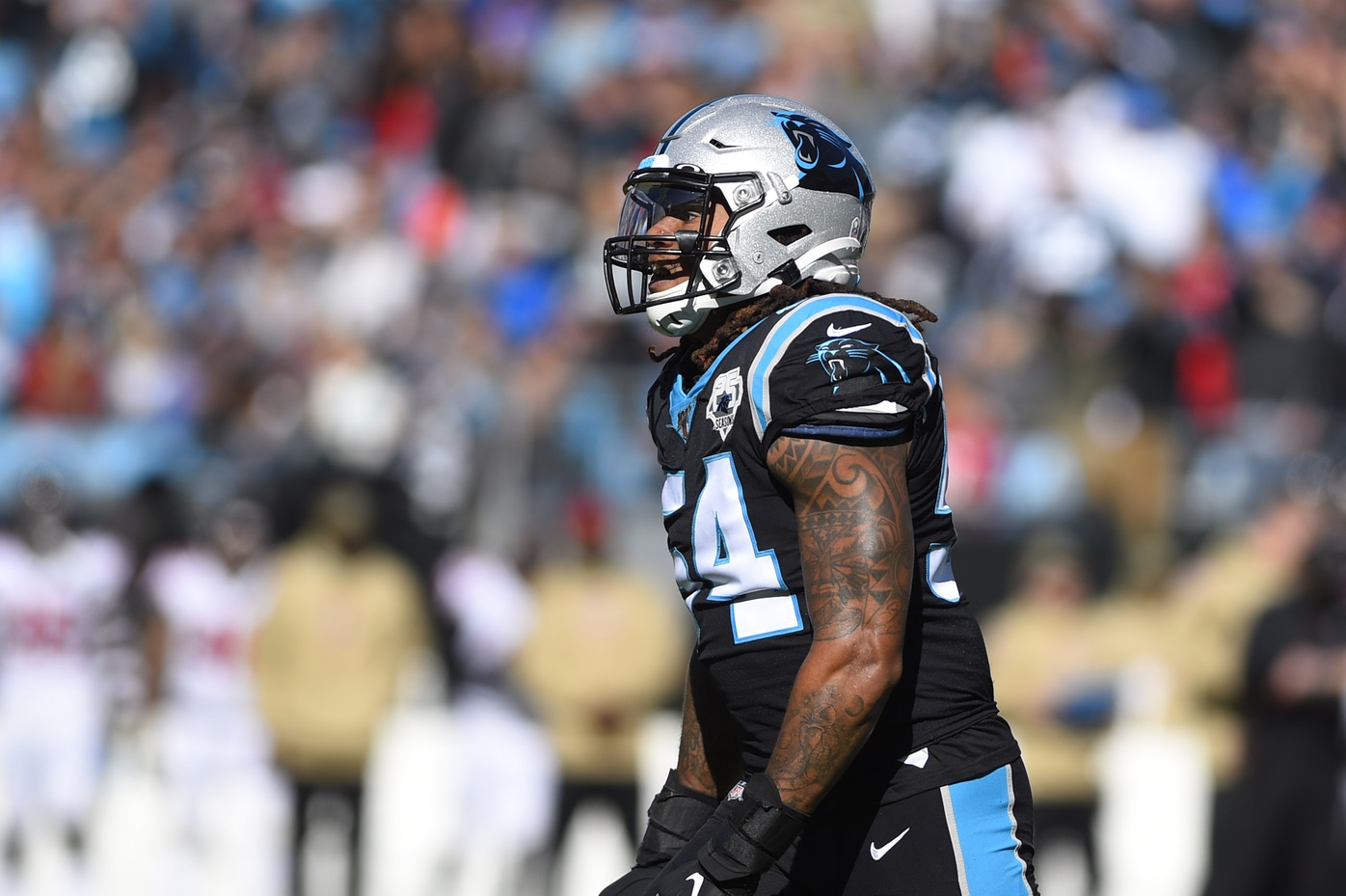 Carolina Panthers linebacker Shaq Thompson (7) reacts after making