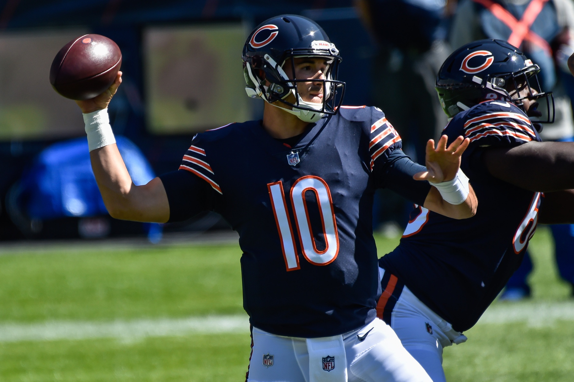 August 16, 2019, Chicago Bears quarterback Mitchell Trubisky (10) throws  the ball prior to the NFL preseason game between the Chicago Bears and the  New York Giants at MetLife Stadium in East