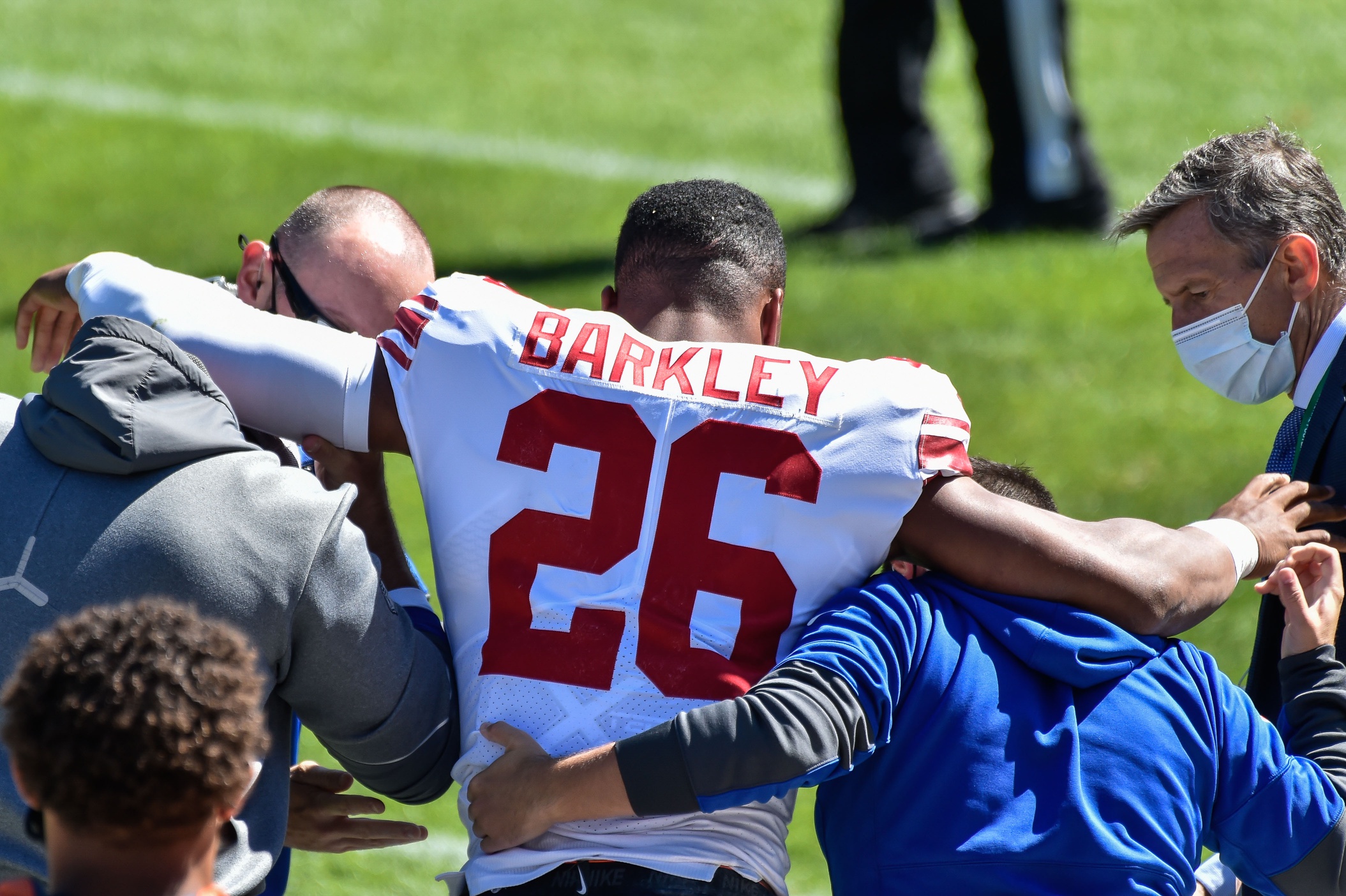 New York Giants running back Elijhaa Penny (39) is pursued by Las Vegas  Raiders defensive tackl …