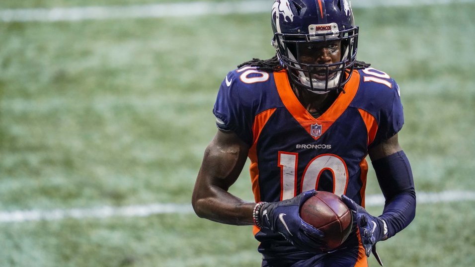 Denver Broncos wide receiver Jerry Jeudy (10) catches a pass as Atlanta  Falcons defensive back …