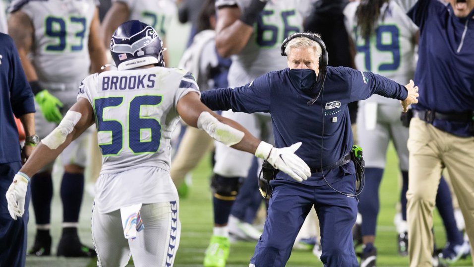 Seattle Seahawks linebacker Jordyn Brooks (56) celebrates during