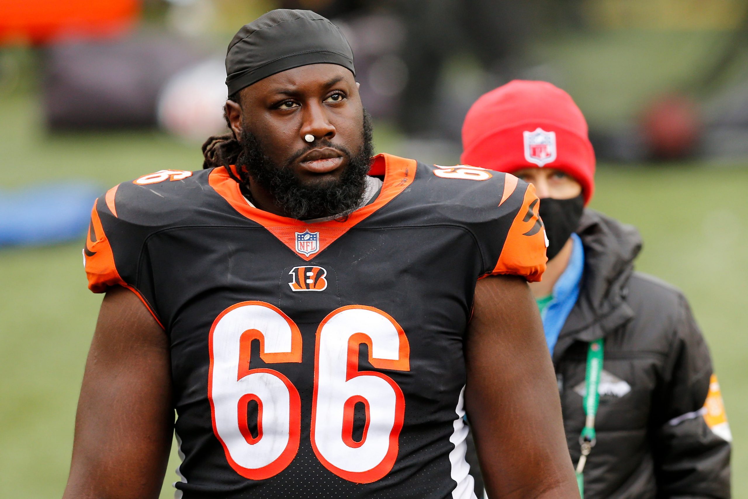 October 29th, 2017: Cincinnati Bengals offensive guard Trey Hopkins (66)  enters the field before the NFL football game between the Indianapolis  Colts and the Cincinnati Bengals at Paul Brown Stadium, Cincinnati, OH.