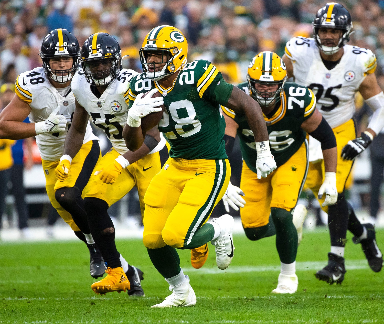 Pittsburgh Steelers' Chase Claypool (11), James Washington (13) and Kevin  Dotson (69) leave the field after an NFL football game against the  Tennessee Titans Sunday, Oct. 25, 2020, in Nashville, Tenn. The