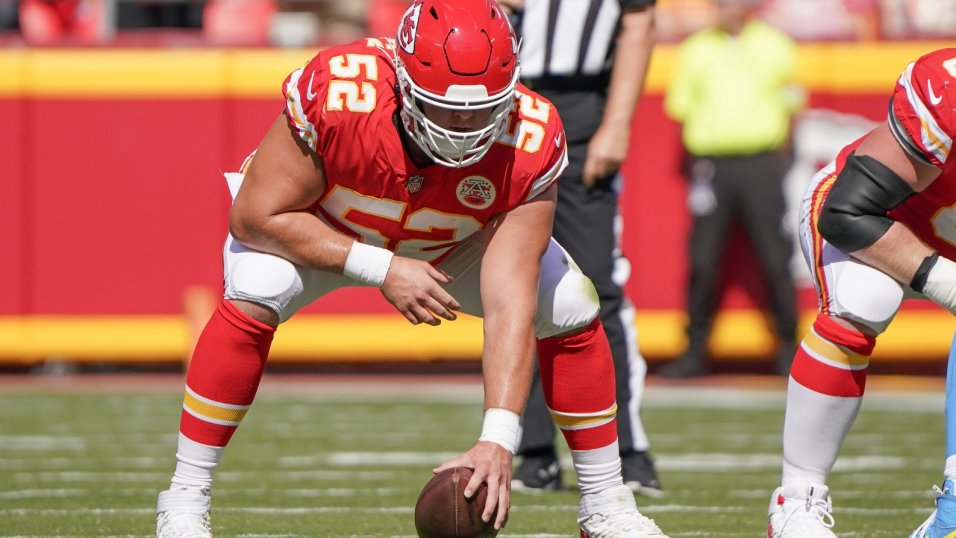 KANSAS CITY, MO - AUGUST 26: Kansas City Chiefs center Creed Humphrey (52)  before an NFL, American