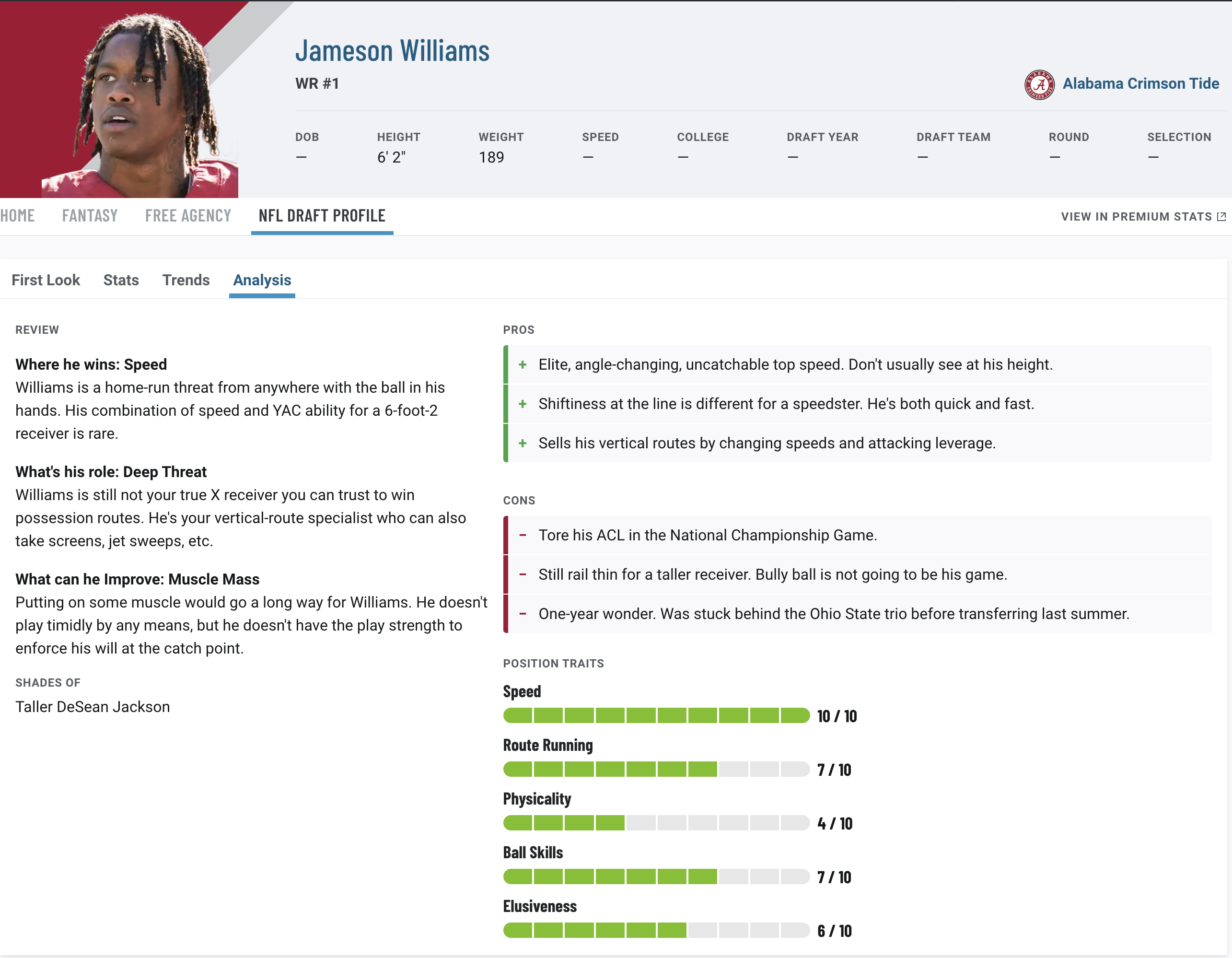 2022 NFL Draft prospect profile - Jameson Williams, WR, Alabama - Big Blue  View