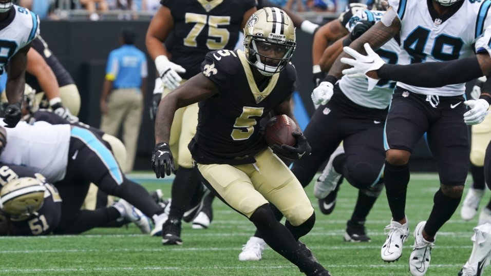 Sep 25, 2022; Charlotte, North Carolina, USA; New Orleans Saints wide receiver Jarvis Landry (5) runs with the ball against the Carolina Panthers during the first quarter at Bank of America Stadium. Mandatory Credit: James Guillory-USA TODAY Sports (NFL News - Green Bay Packers)