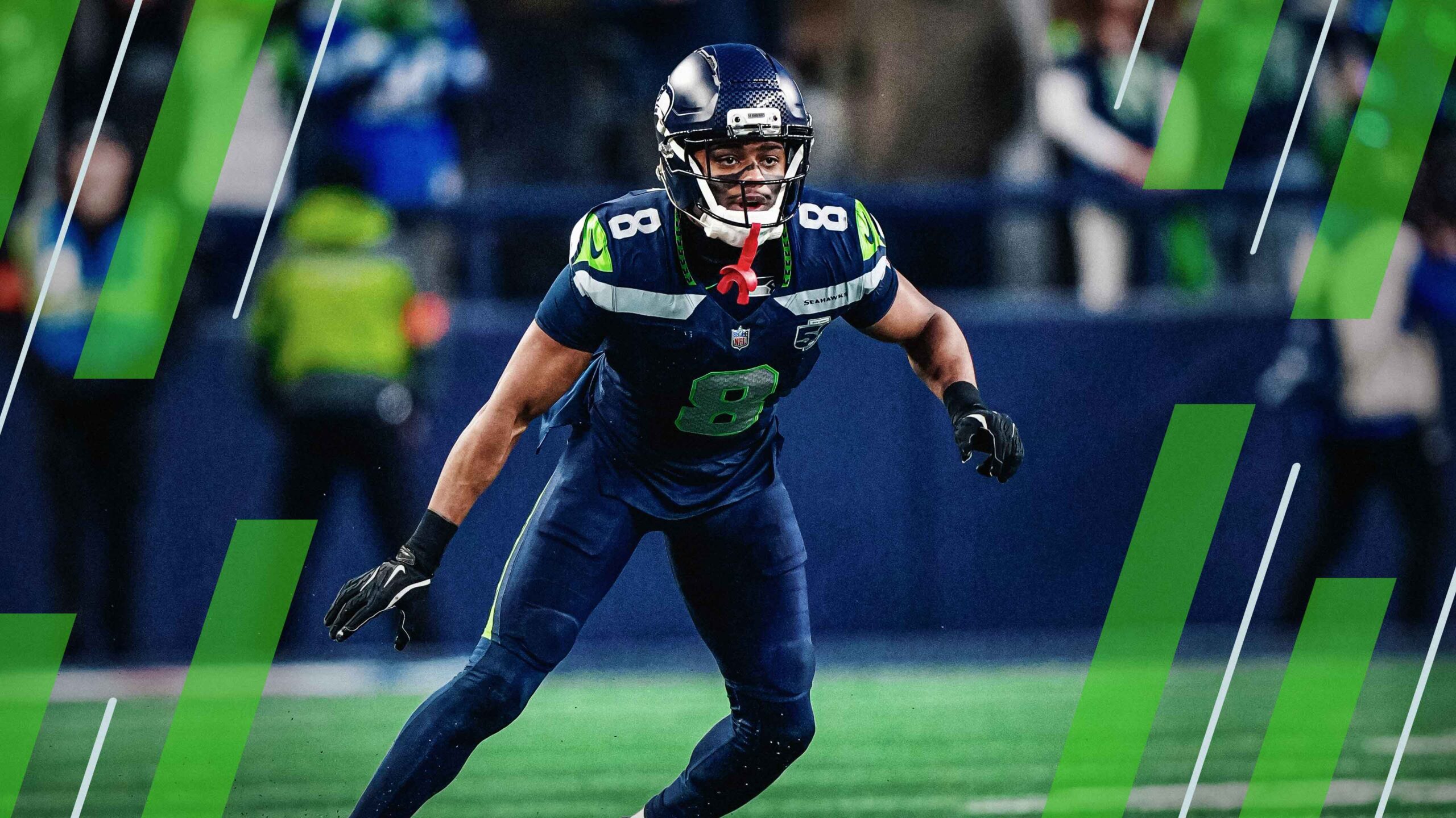 Seattle Seahawks safety Coby Bryant (8) gets set during the NFC Championship NFL football game, Sunday, Jan. 25, 2026, in Seattle.